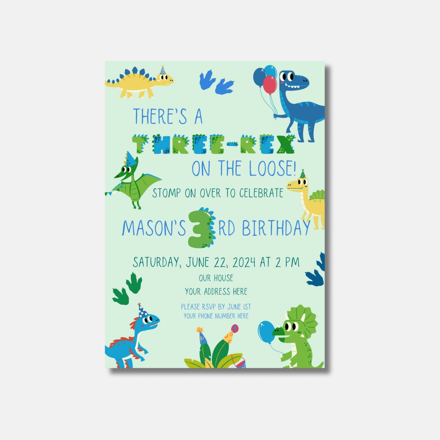 Three Rex Birthday Party Invitation Dinosaur Theme Digital Invite