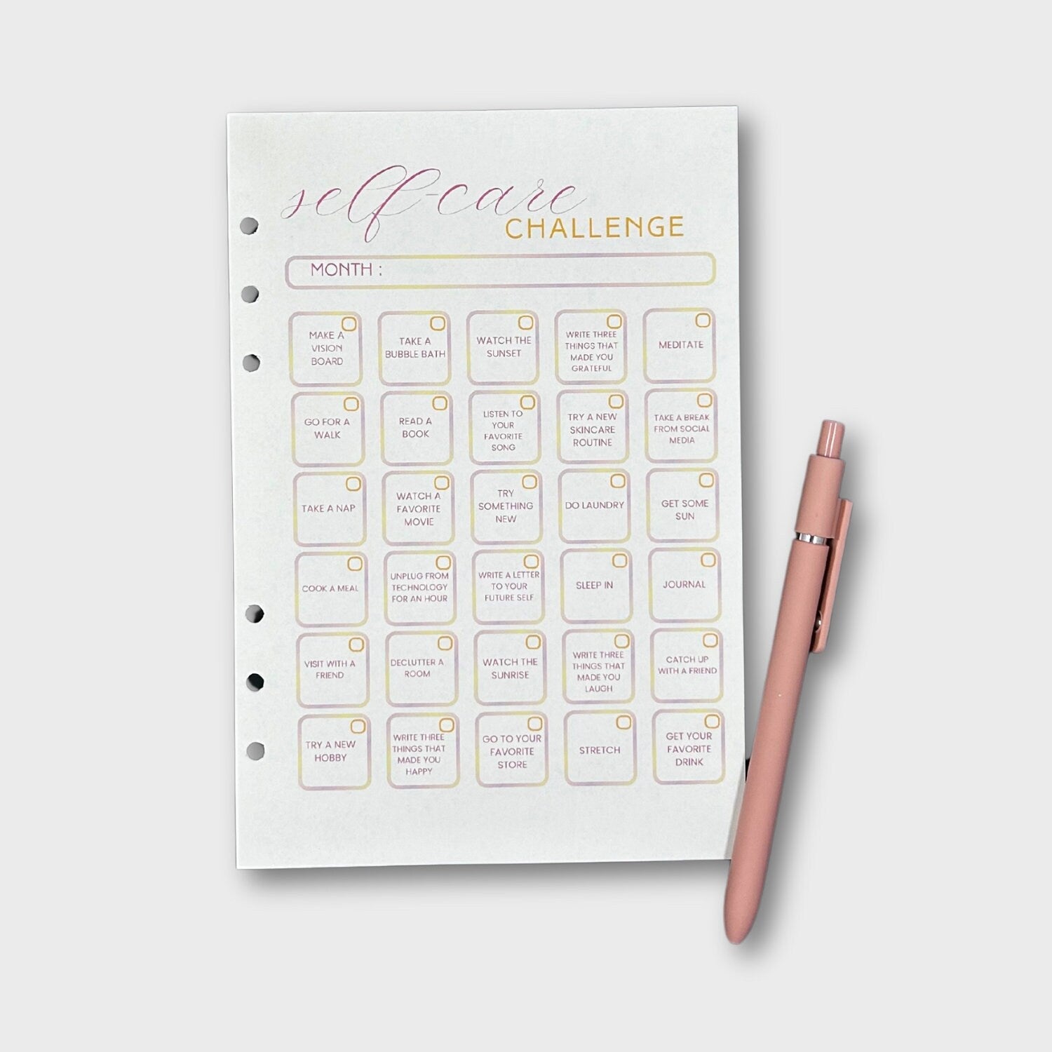 Undated Monthly Self-Care Challenge Loose A5 Planner Pages